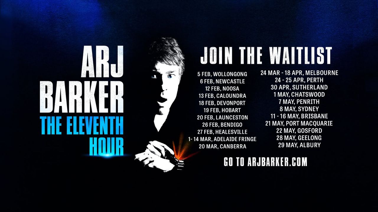 Tour poster for Arj Barker's comedy show The Eleventh Hour showing tour dates and locations.